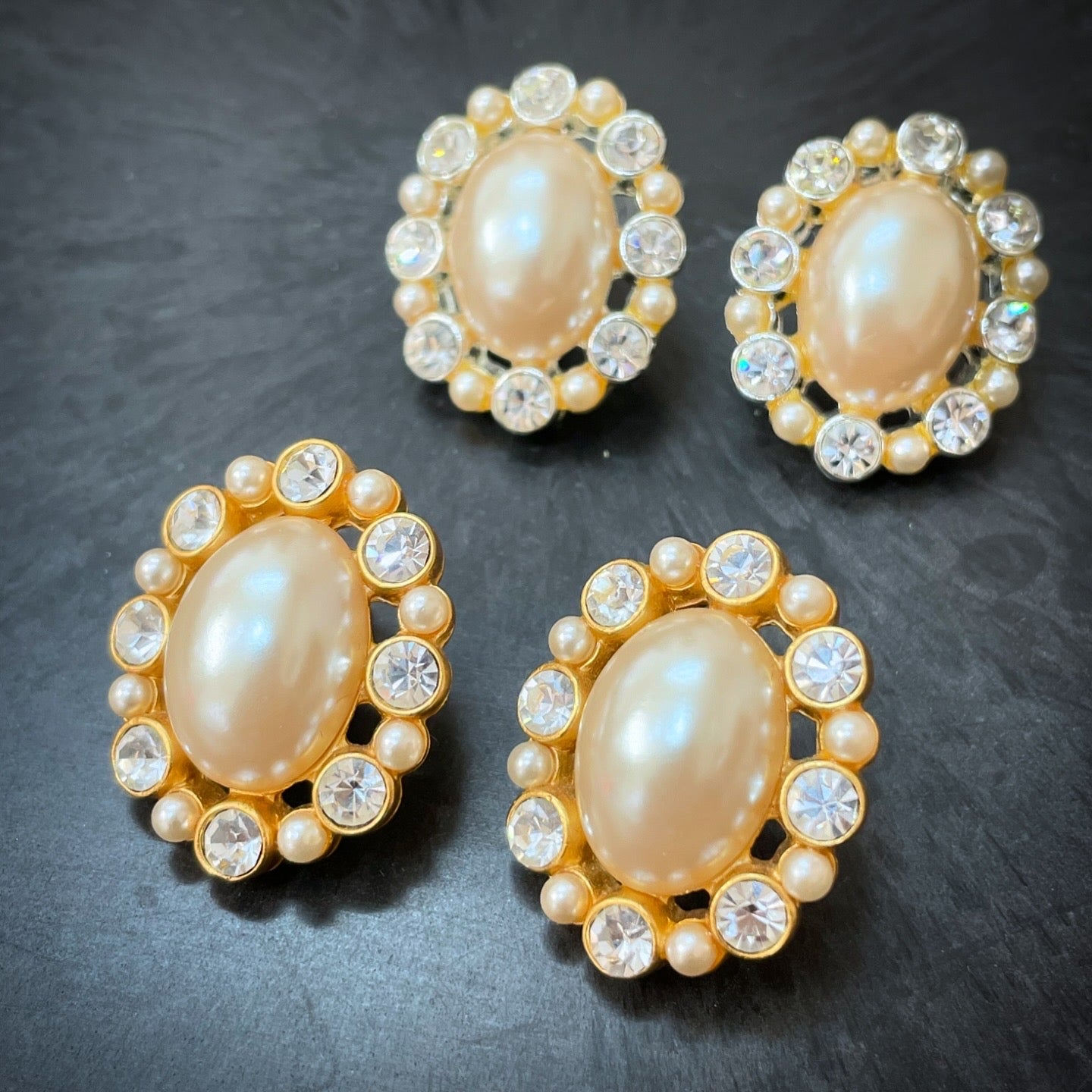 Vintage ANNE KLEIN Signed Gold/Silver Tone Oval Faux Pearl Clear Rhinestone Pierced Earrings