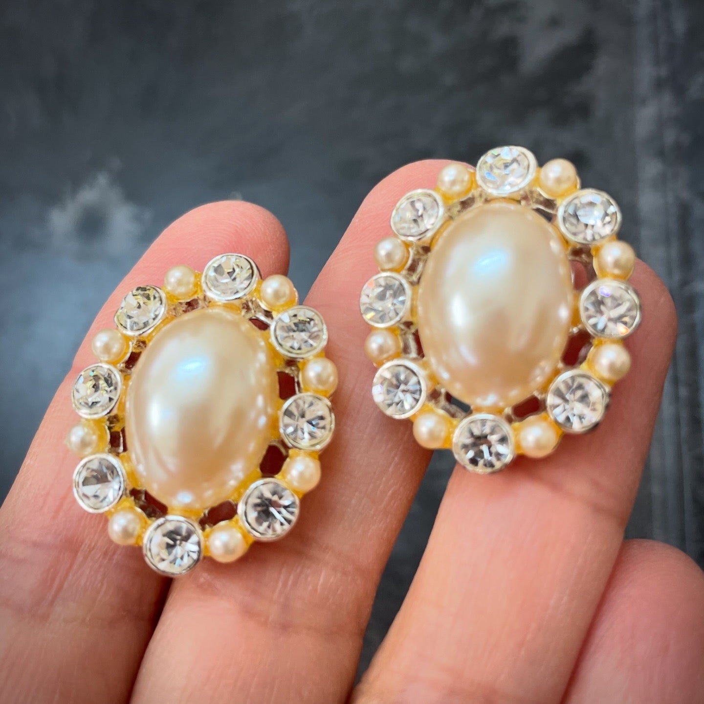 Vintage ANNE KLEIN signed gold/silver tone oval faux pearl and clear rhinestone pierced earrings