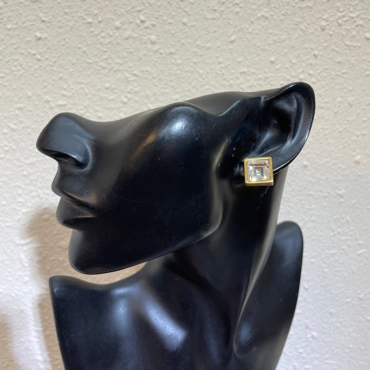 Vintage ANNE KLEIN signed matte gold square emerald-cut crystal stud earrings
