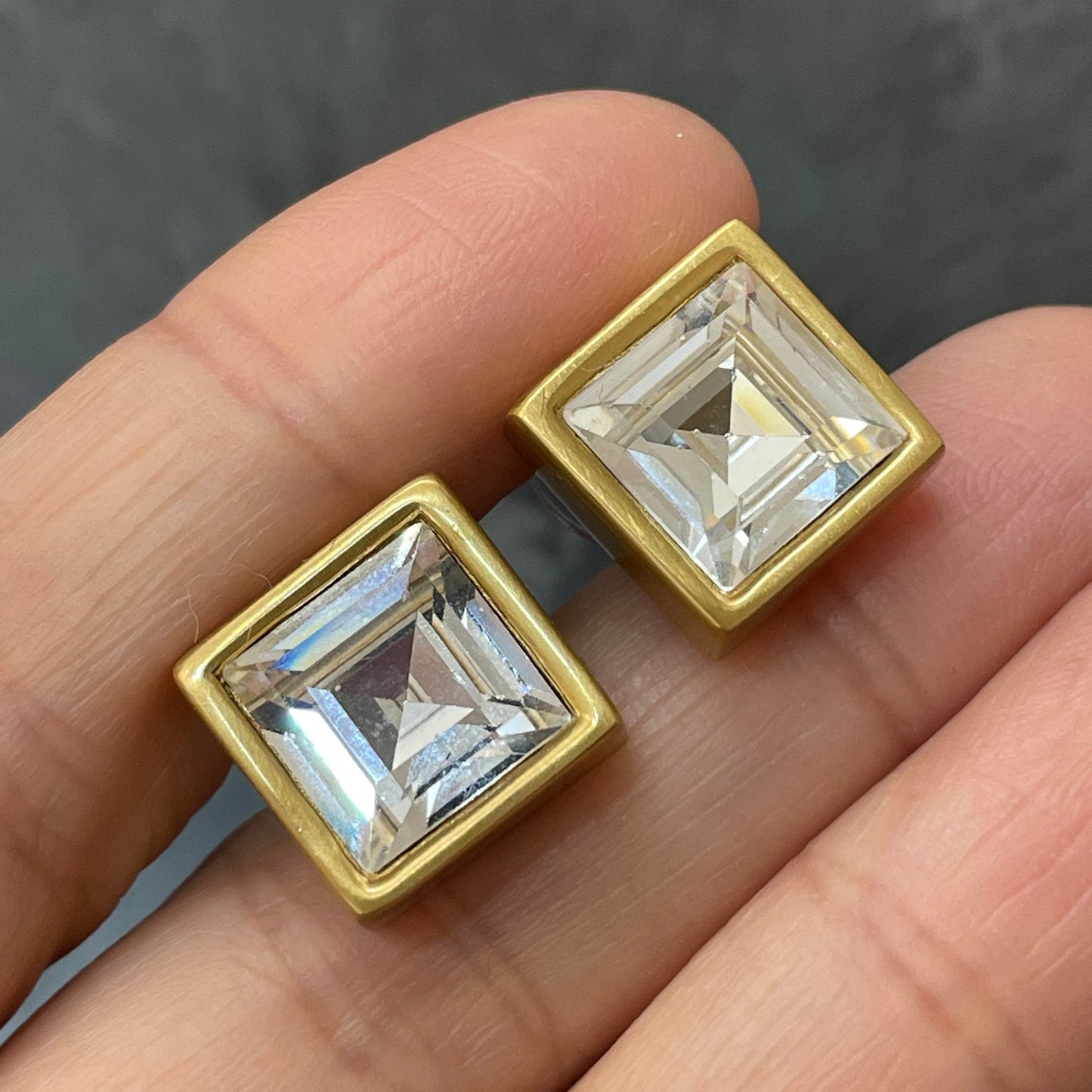 Vintage ANNE KLEIN signed matte gold square emerald-cut crystal stud earrings
