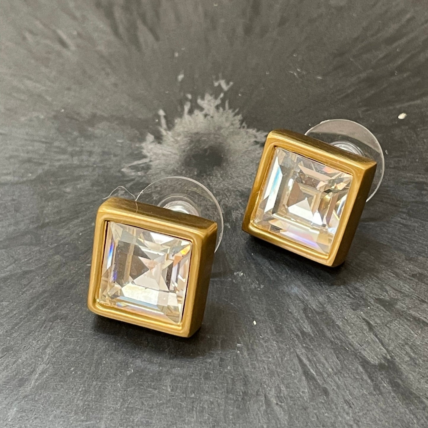 Vintage ANNE KLEIN signed matte gold square emerald-cut crystal stud earrings