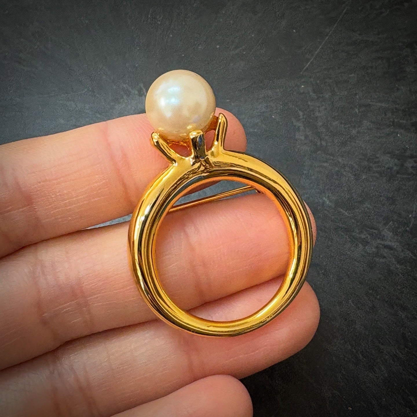 Vintage Anne Klein II Gold Tone Faux Pearl Ring Brooch