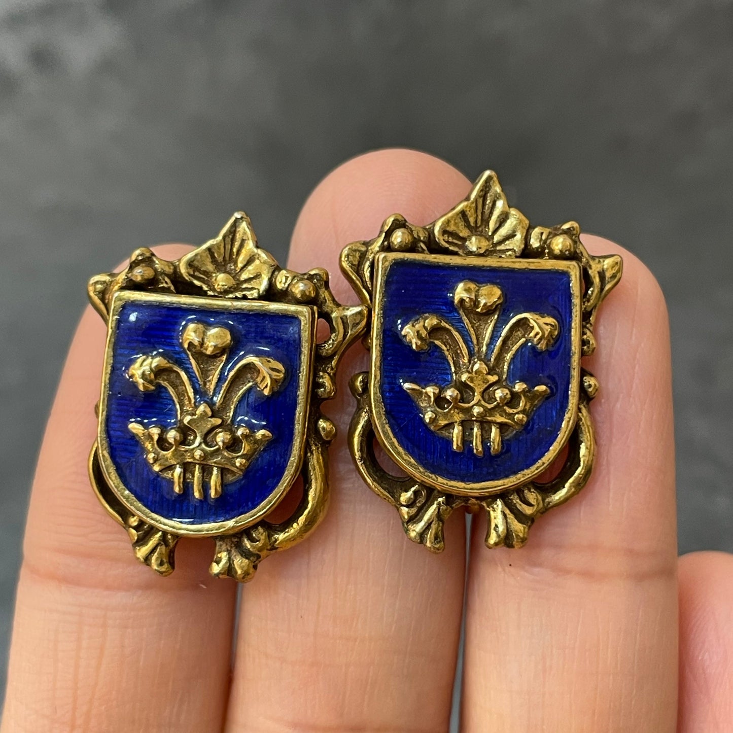 Vintage Gold Tone Blue Enamel Crest Heraldic Shield Screw-Back Earrings