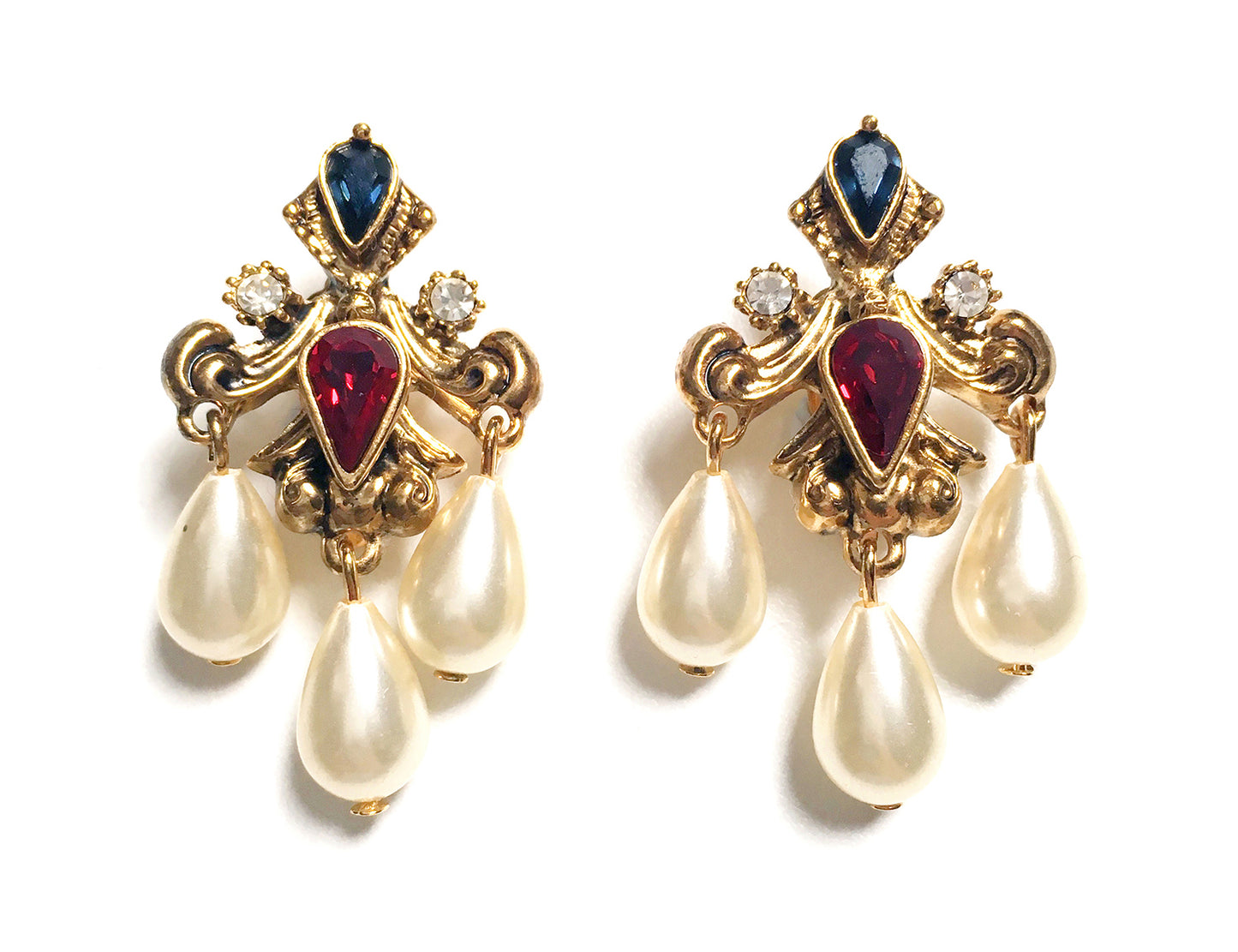 Vintage Swarovski Component Crystal Faux Pearl Chandelier Dangling Clip Earrings 施華洛世奇元素水滴型水晶仿珍珠吊燈耳夾耳環