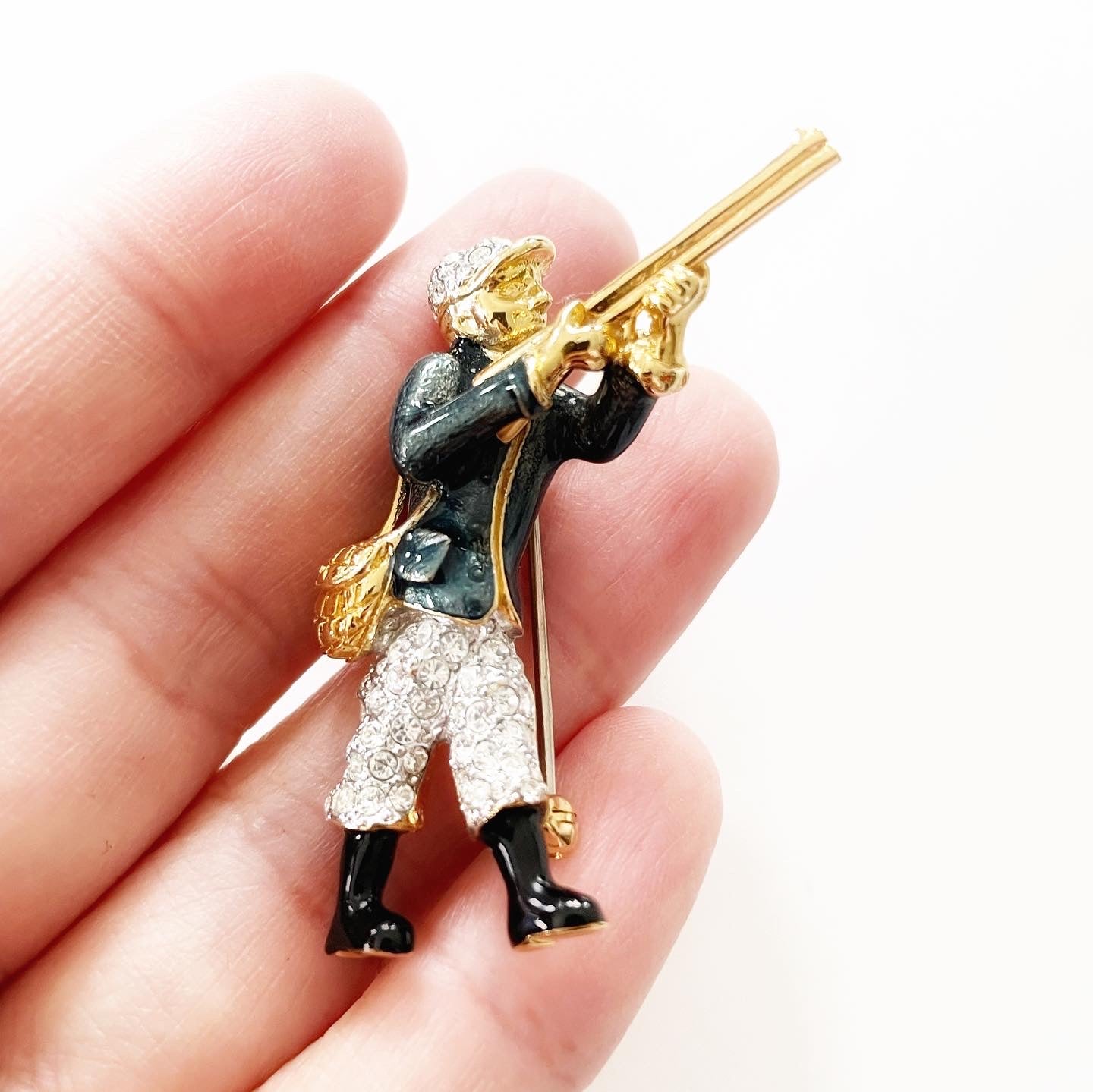 Vintage Gold Tone Enamel Pave Rhinestone Soldier Brooch Made in Austria