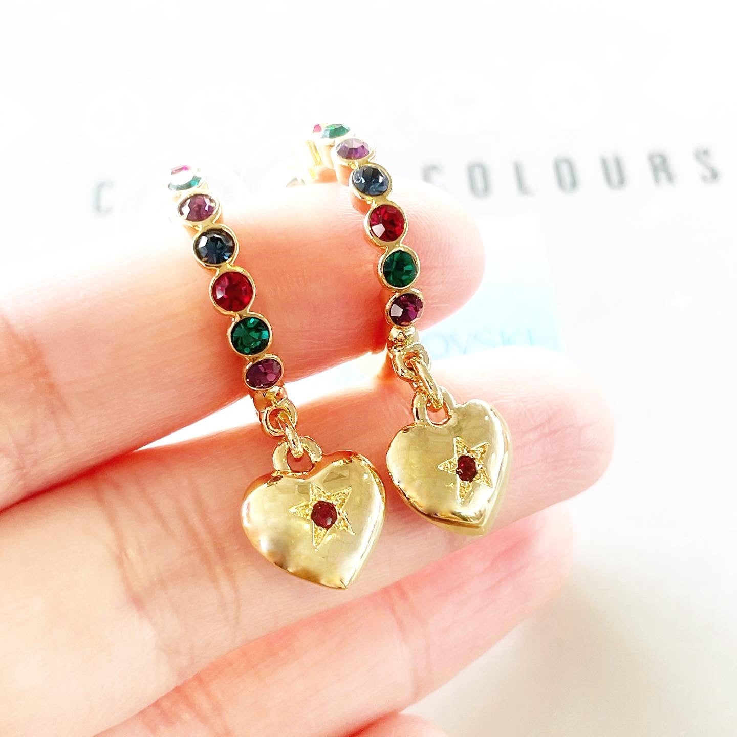 Vintage Gold Tone Swarovski Multi-colour Bezel-Set Crystal Hoop Earrings
