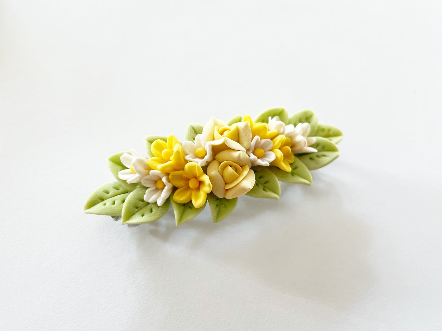 Polymer Clay Hair Barrette - Yellow Rose & Plumeria 手工陶瓷軟土髮夾
