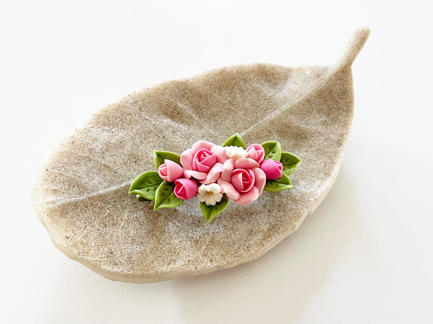 Polymer Clay Hair Barrette - Pink Rose & Plumeria 手工陶瓷軟土髮夾