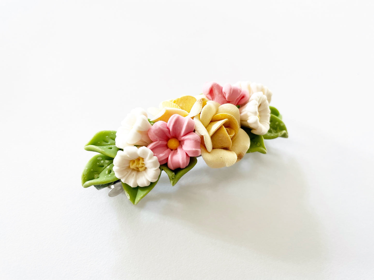Polymer Clay Hair Barrette - Daffodil Yellow Rose & Fillers 手工陶瓷軟土髮夾