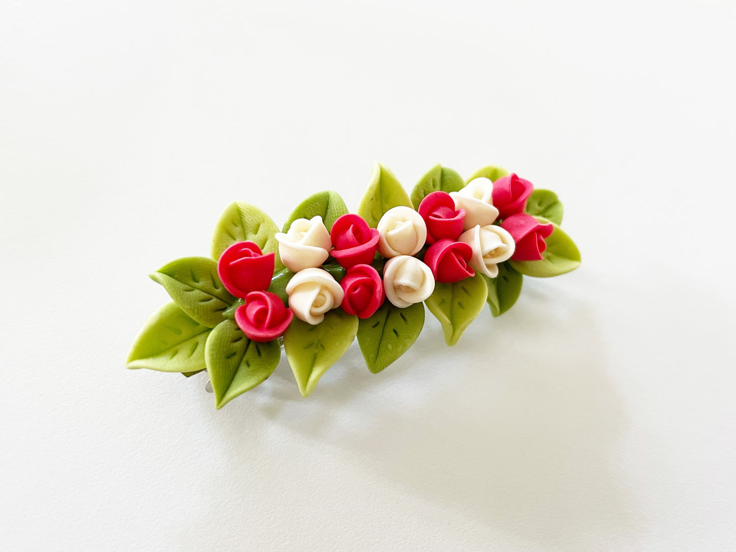 Polymer Clay Hair Barrette - Baby Fuchsia & White Rose 手工陶瓷軟土髮夾