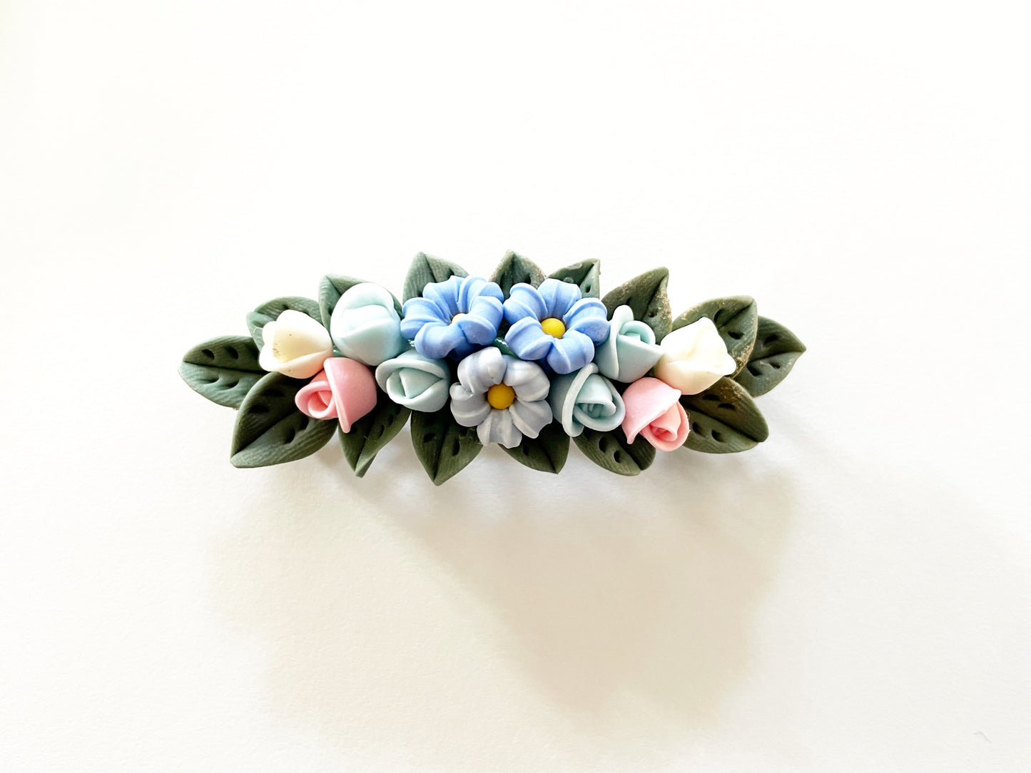 Polymer Clay Hair Barrette - Baby Lavender Blue Rose & Fillers 手工陶瓷軟土髮夾
