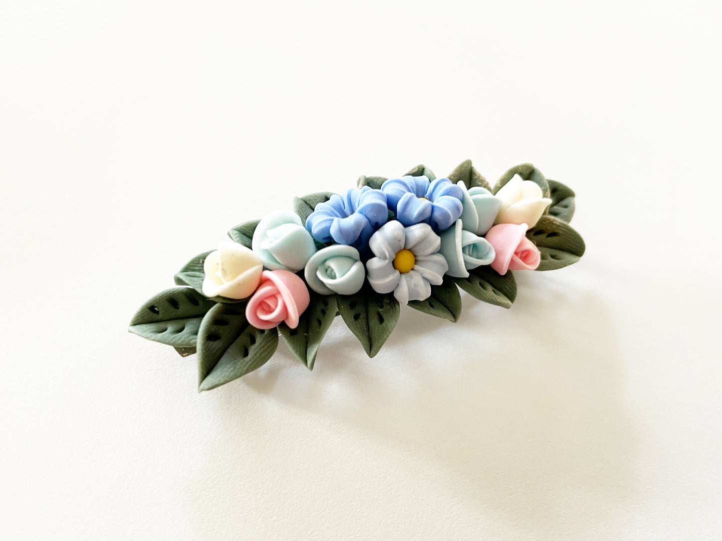 Polymer Clay Hair Barrette - Baby Lavender Blue Rose & Fillers 手工陶瓷軟土髮夾