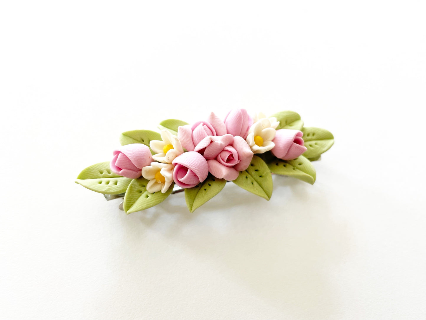Polymer Clay Hair Barrette - Baby Pink Rose & Plumeria 手工陶瓷軟土髮夾
