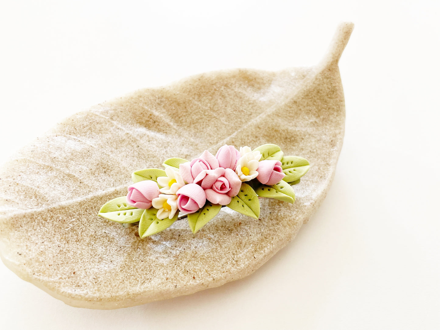 Polymer Clay Hair Barrette - Baby Pink Rose & Plumeria 手工陶瓷軟土髮夾