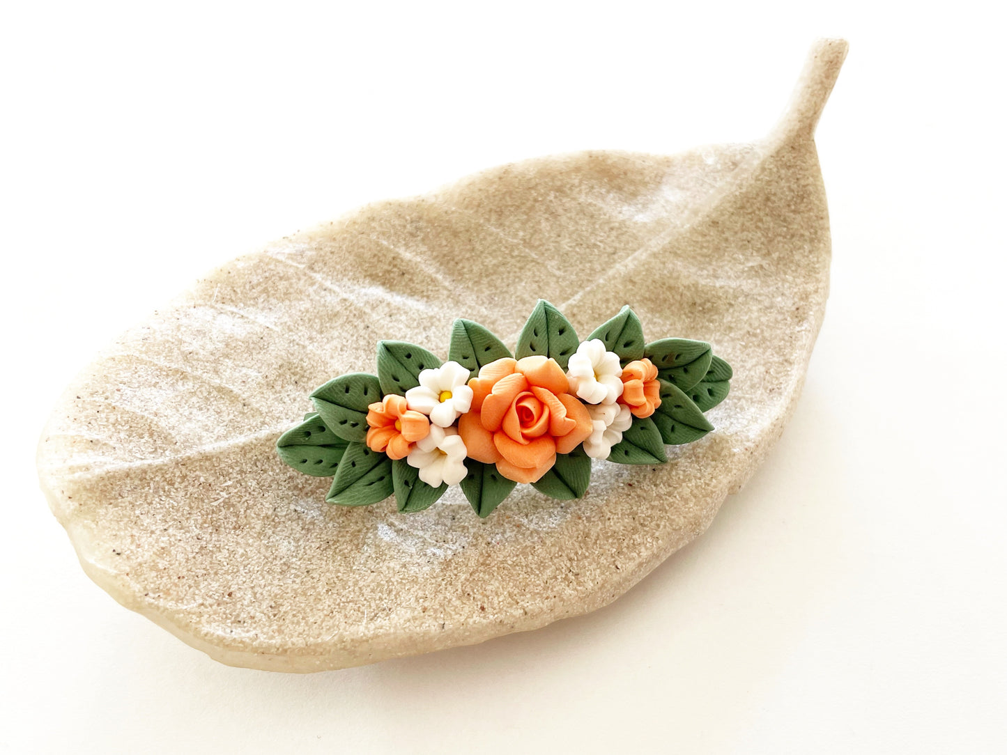 Polymer Clay Hair Barrette - Orange Rose & Plumeria (Green Leave) 手工陶瓷軟土髮夾