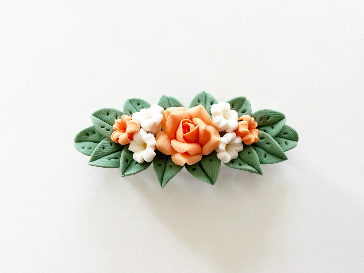 Polymer Clay Hair Barrette - Orange Rose & Plumeria (Green Leave) 手工陶瓷軟土髮夾