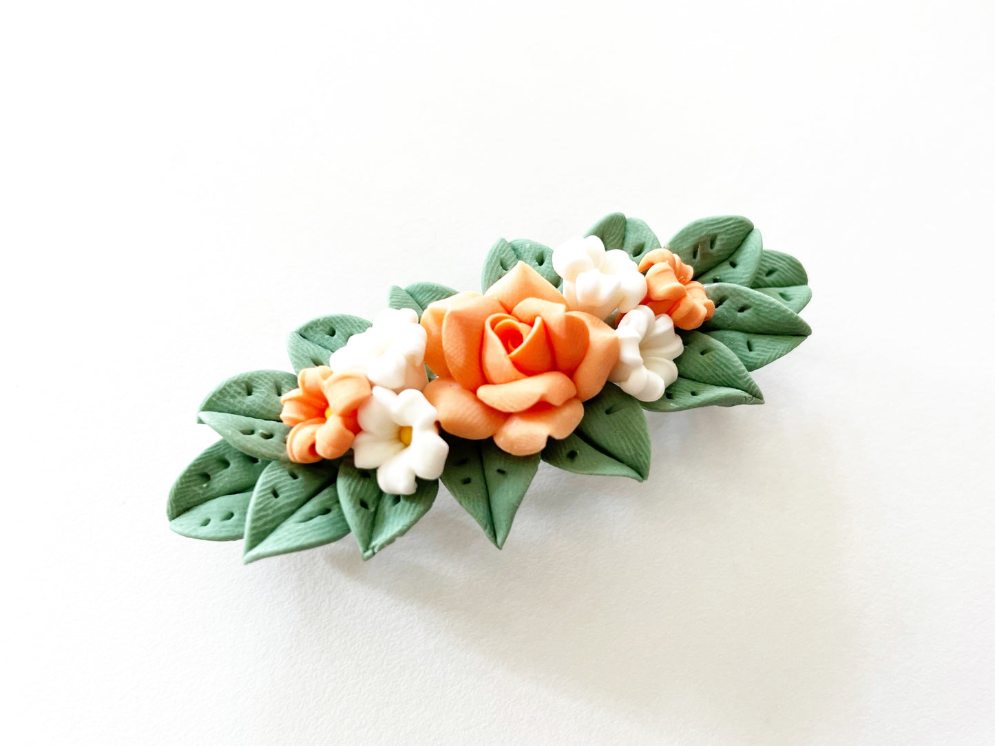Polymer Clay Hair Barrette - Orange Rose & Plumeria (Green Leave) 手工陶瓷軟土髮夾