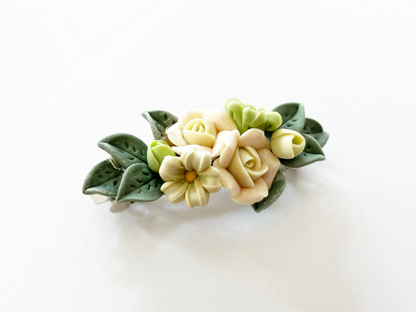 Polymer Clay Hair Barrette - White Rose & Fillers 手工陶瓷軟土髮夾