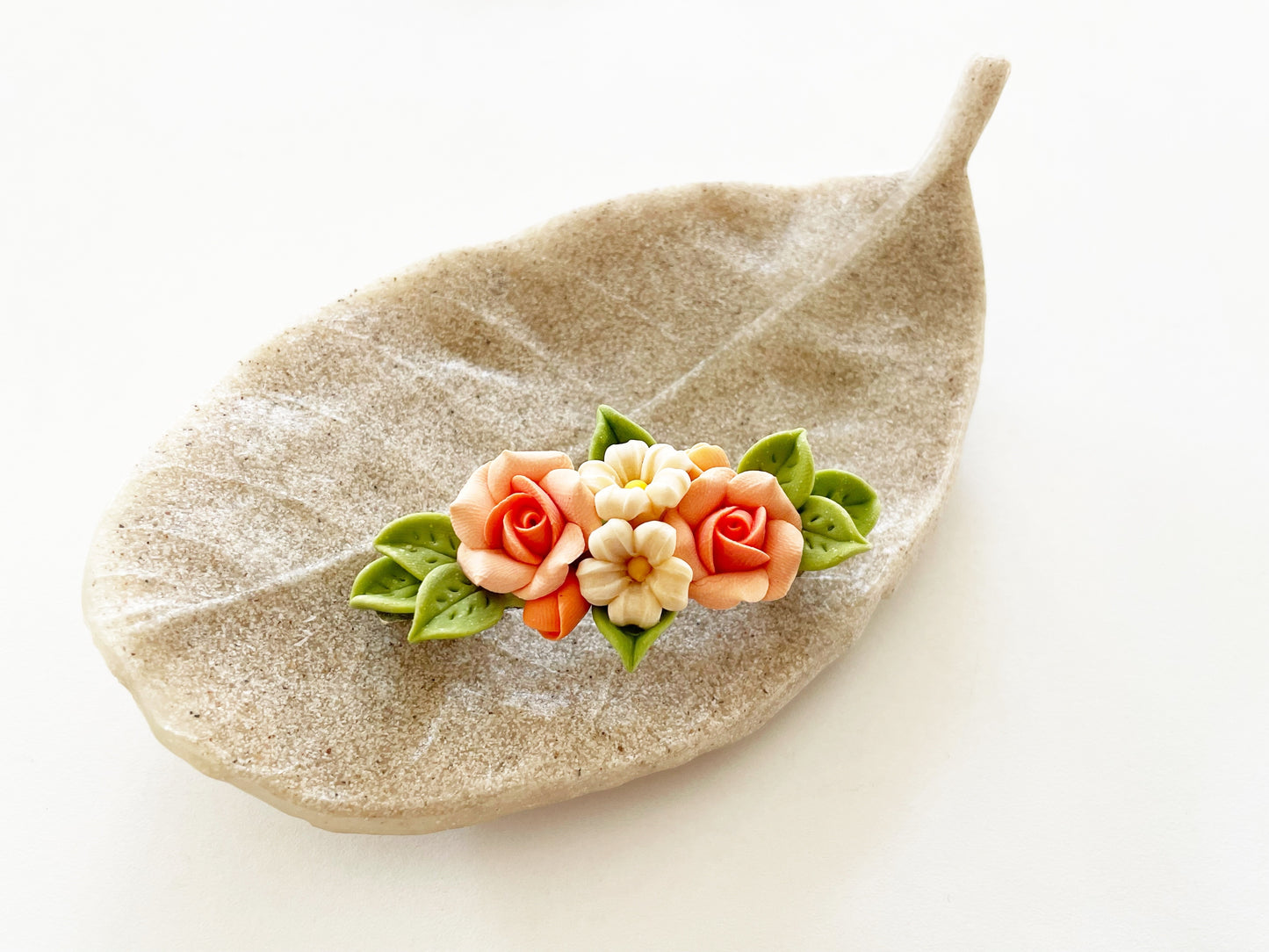 Polymer Clay Hair Barrette - Orange Rose & Plumeria (Yellow Green Leave) 手工陶瓷軟土髮夾