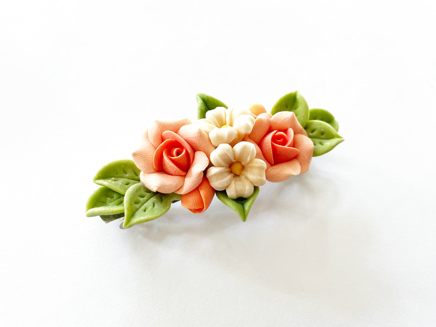Polymer Clay Hair Barrette - Orange Rose & Plumeria (Yellow Green Leave) 手工陶瓷軟土髮夾