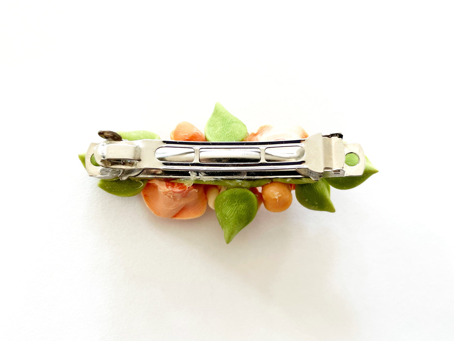 Polymer Clay Hair Barrette - Orange Rose & Plumeria (Yellow Green Leave) 手工陶瓷軟土髮夾