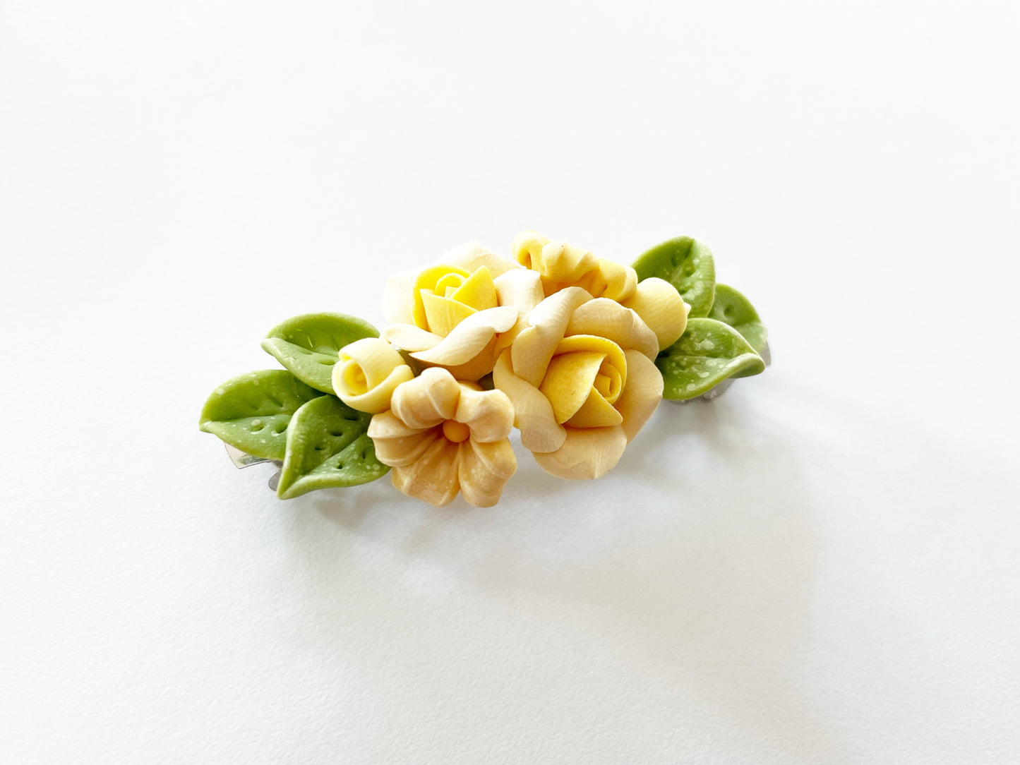 Polymer Clay Hair Barrette - Yellow Rose & Fillers 手工陶瓷軟土髮夾