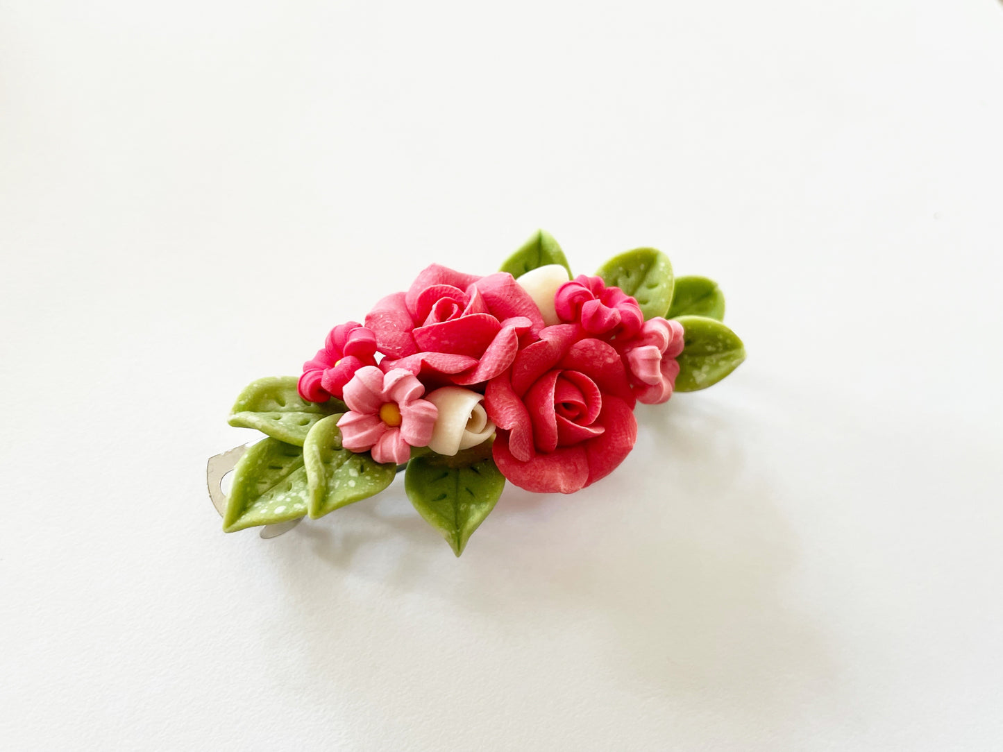 Polymer Clay Hair Barrette - Fuchsia Rose & Fillers 手工陶瓷軟土髮夾