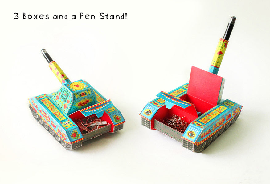 DIY Colorful Army Tank Pen Holder & Boxes DIY紙製陸軍坦克筆架及文具收納盒