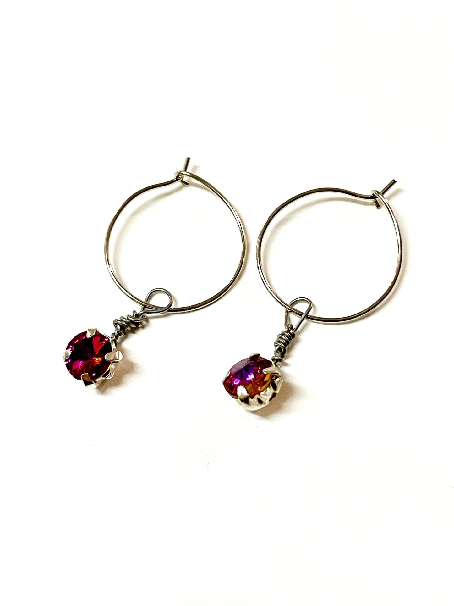 Silver Tone Prong Set Rhinestone Charm Hoop Earrings