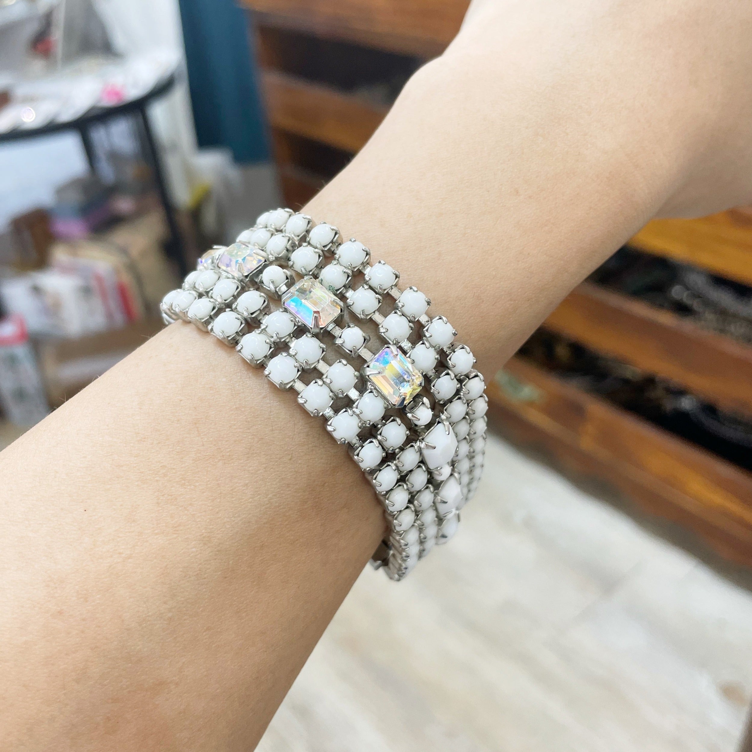 Vintage White Glass and Blue selling Rhinestone Bracelet; 8