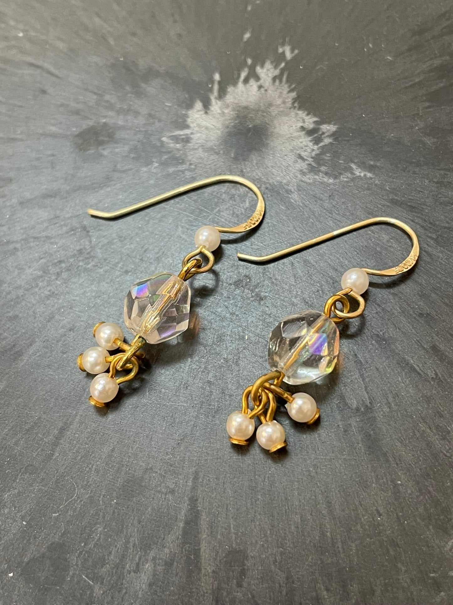 Vintage ANNE KLEIN 14/20GF Gold Filled Aurora Borealis Bead Faux Pearl Drop Earrings