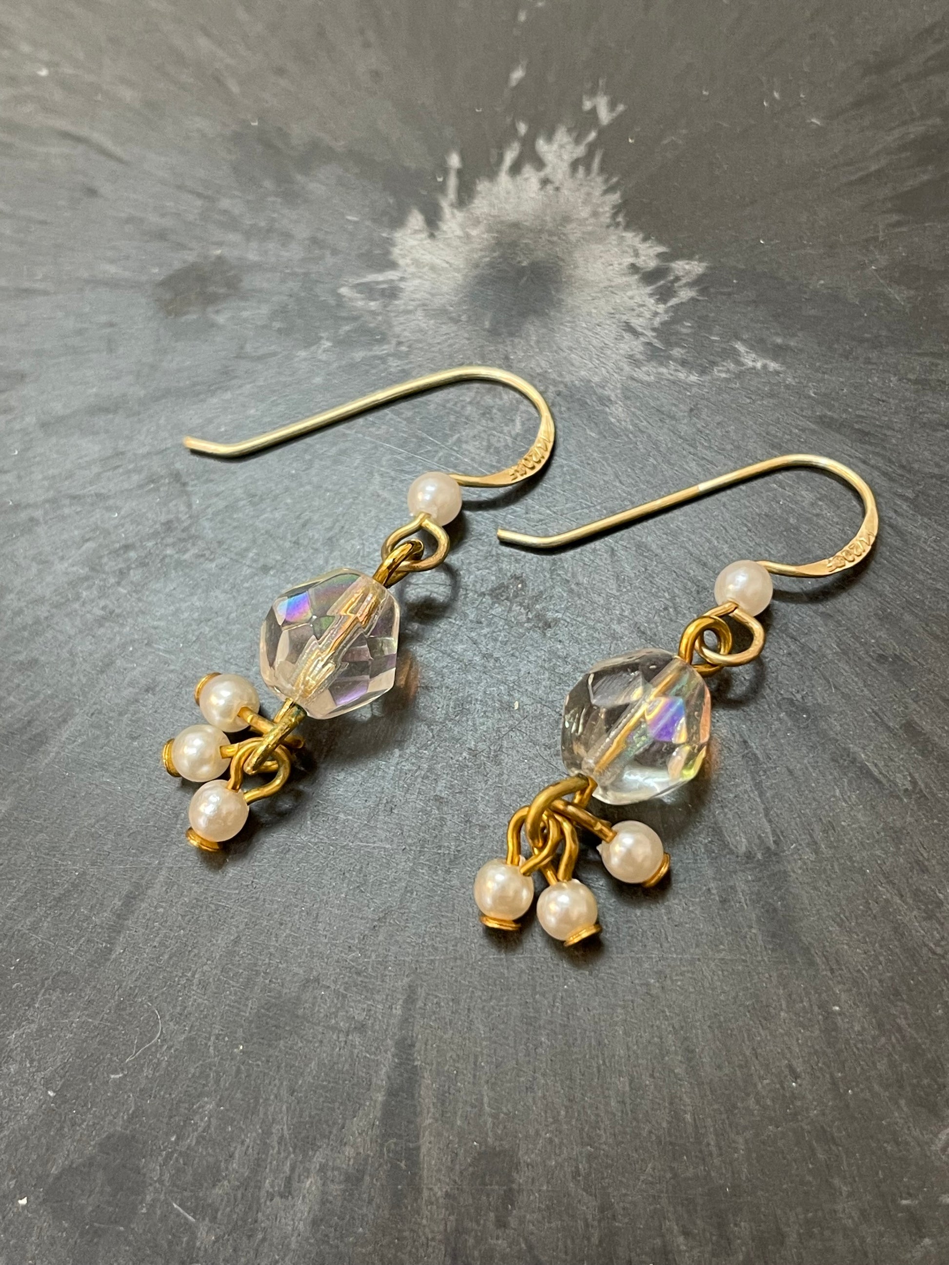 Vintage ANNE KLEIN 14/20GF Gold Filled Aurora Borealis Bead Faux Pearl Drop Earrings