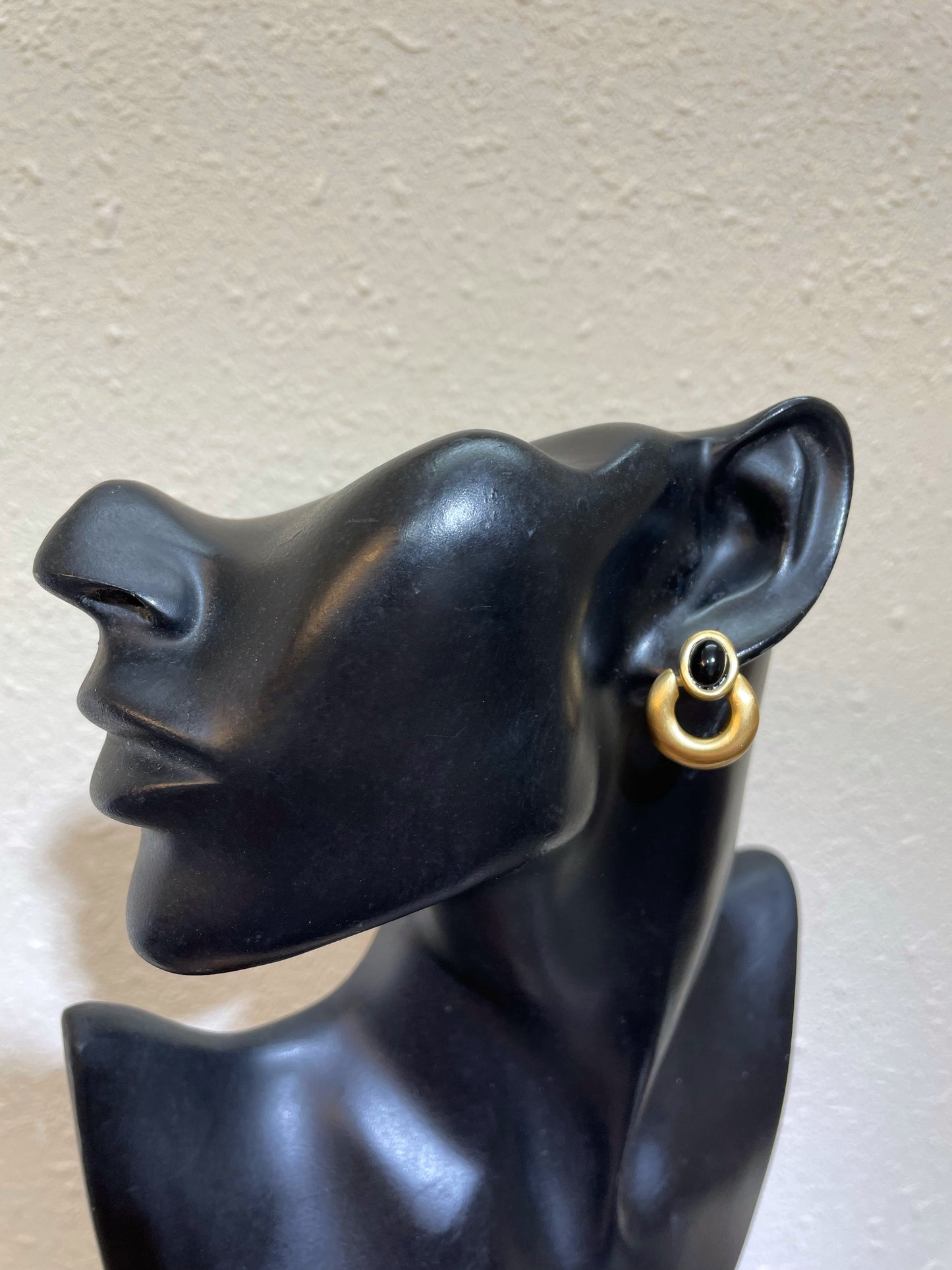 Vintage ANNE KLEIN Signed Matte Gold Black Bead Door Knocker Pierced Earrings