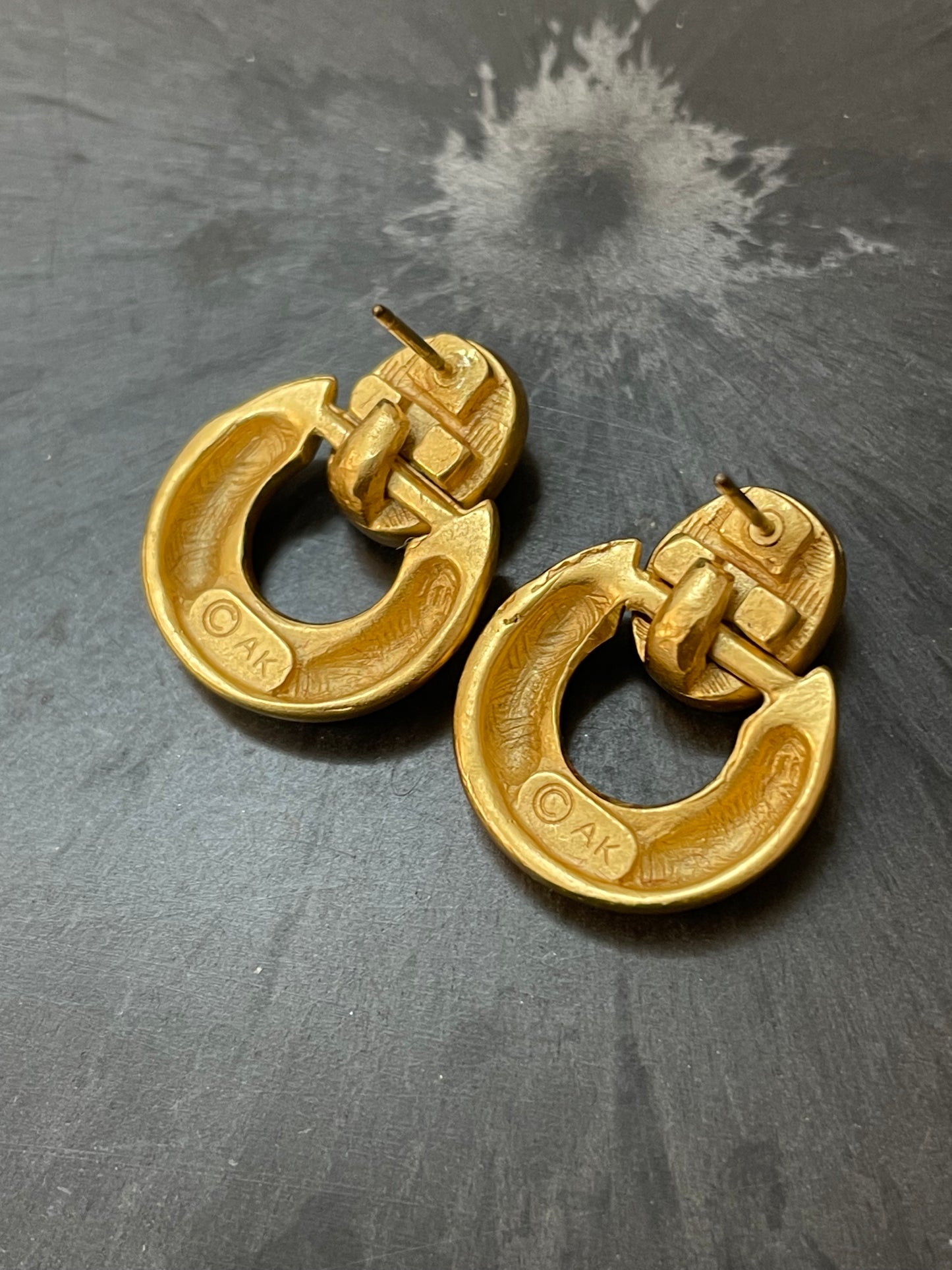 Vintage ANNE KLEIN Signed Matte Gold Black Bead Door Knocker Pierced Earrings