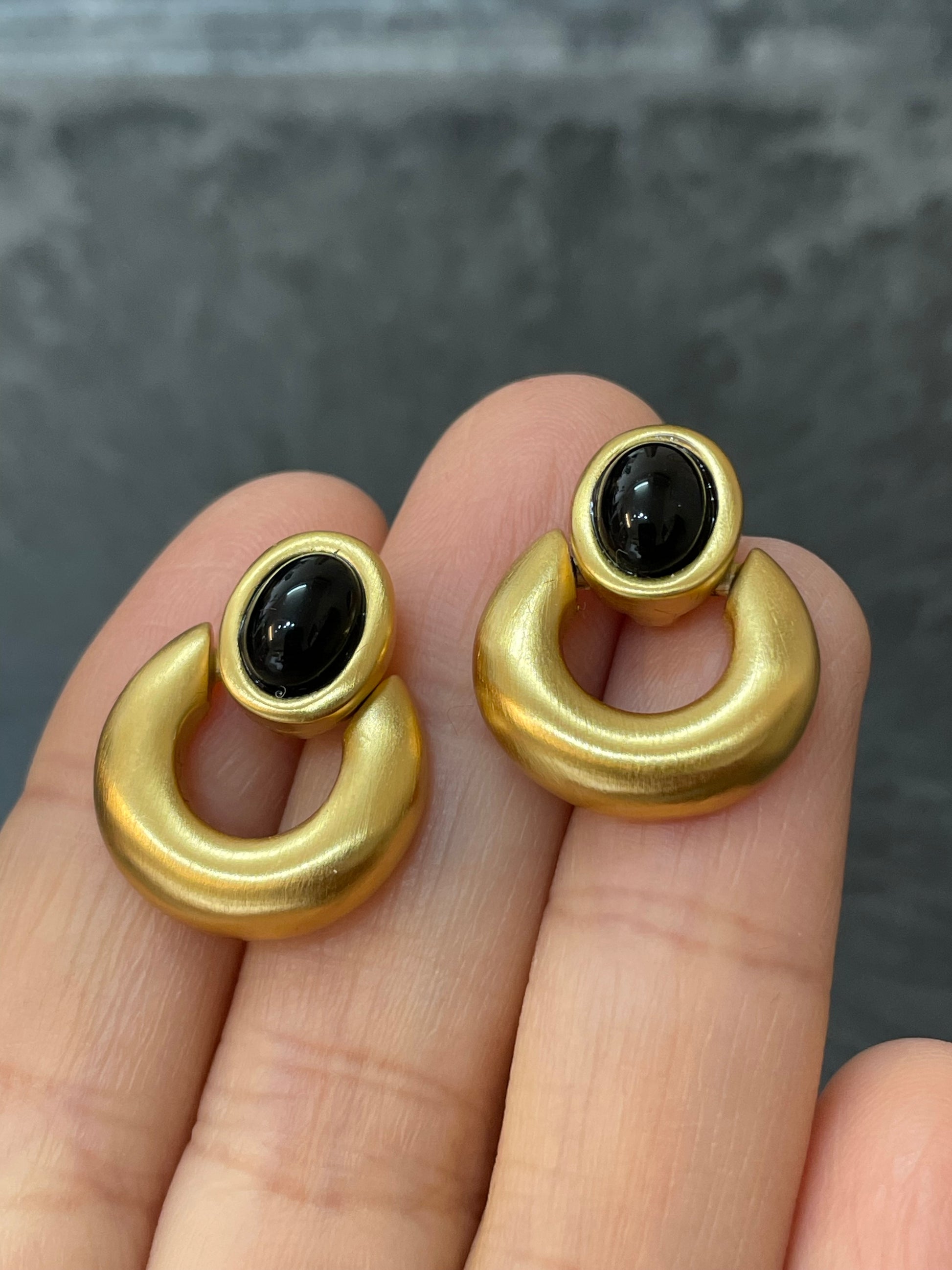 Vintage ANNE KLEIN Signed Matte Gold Black Bead Door Knocker Pierced Earrings
