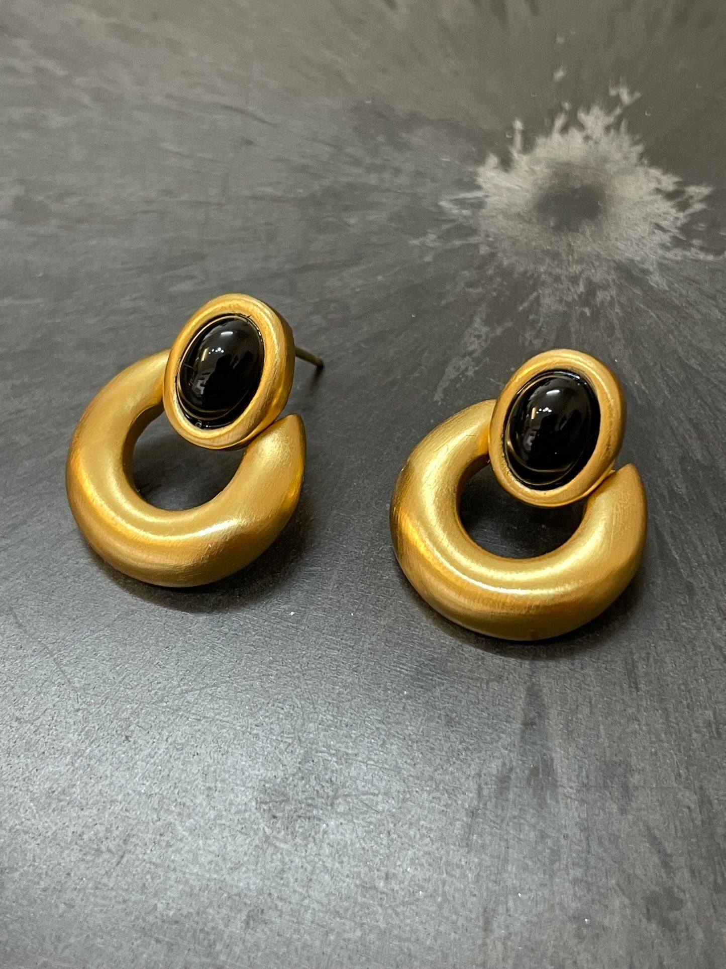 Vintage ANNE KLEIN Signed Matte Gold Black Bead Door Knocker Pierced Earrings