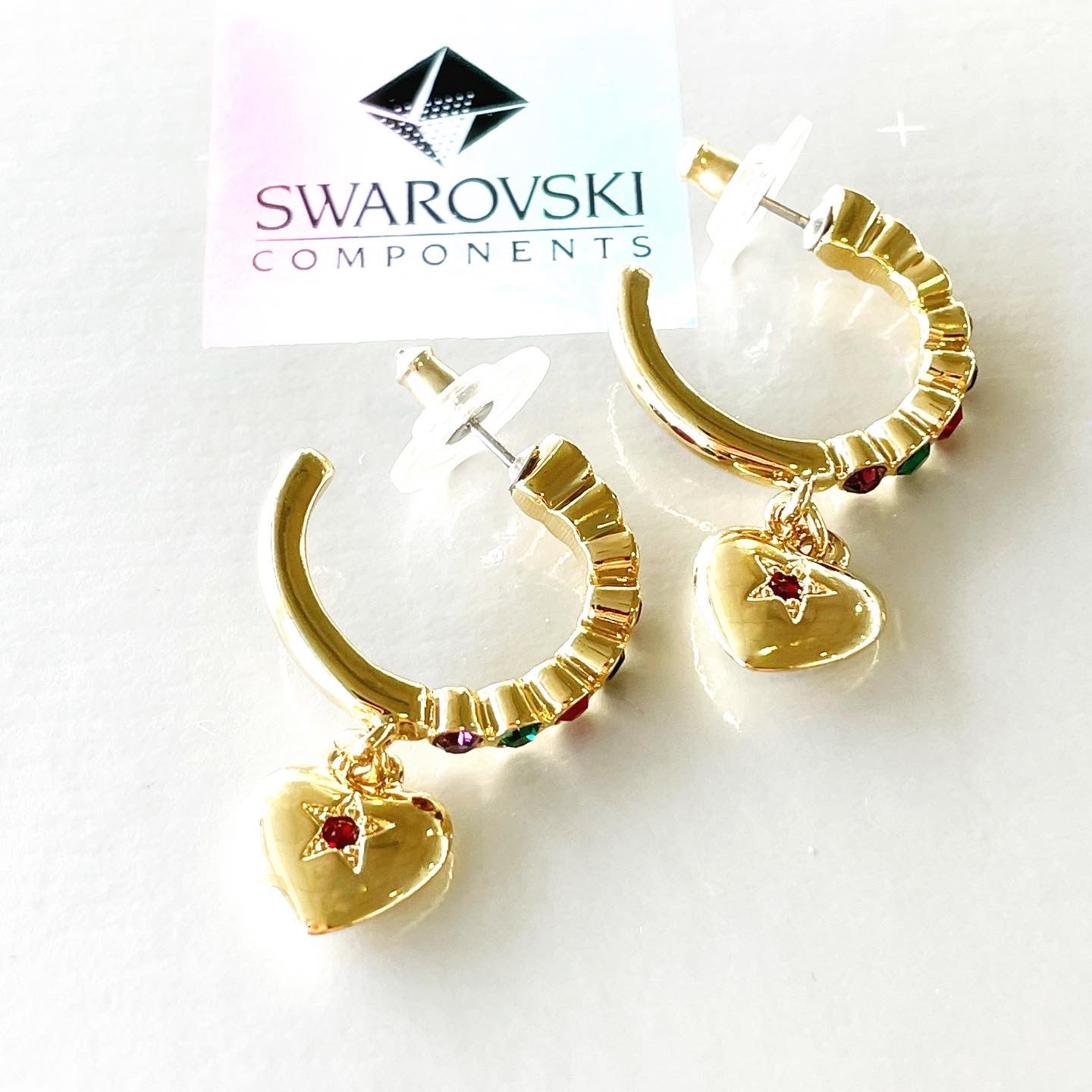 Vintage Gold Tone Swarovski Multi-colour Bezel-Set Crystal Hoop Earrings