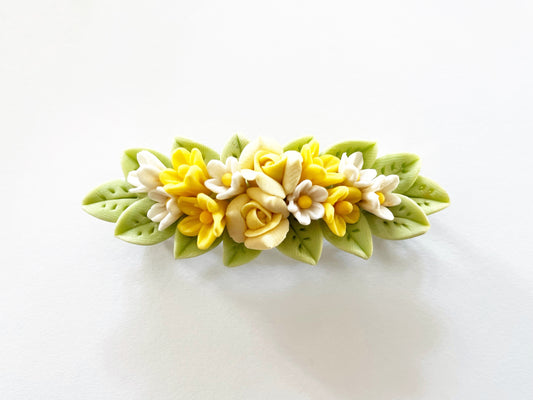 Polymer Clay Hair Barrette - Yellow Rose & Plumeria 手工陶瓷軟土髮夾