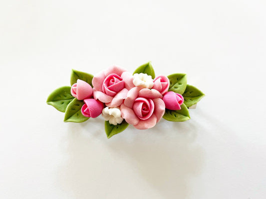 Polymer Clay Hair Barrette - Pink Rose & Plumeria 手工陶瓷軟土髮夾