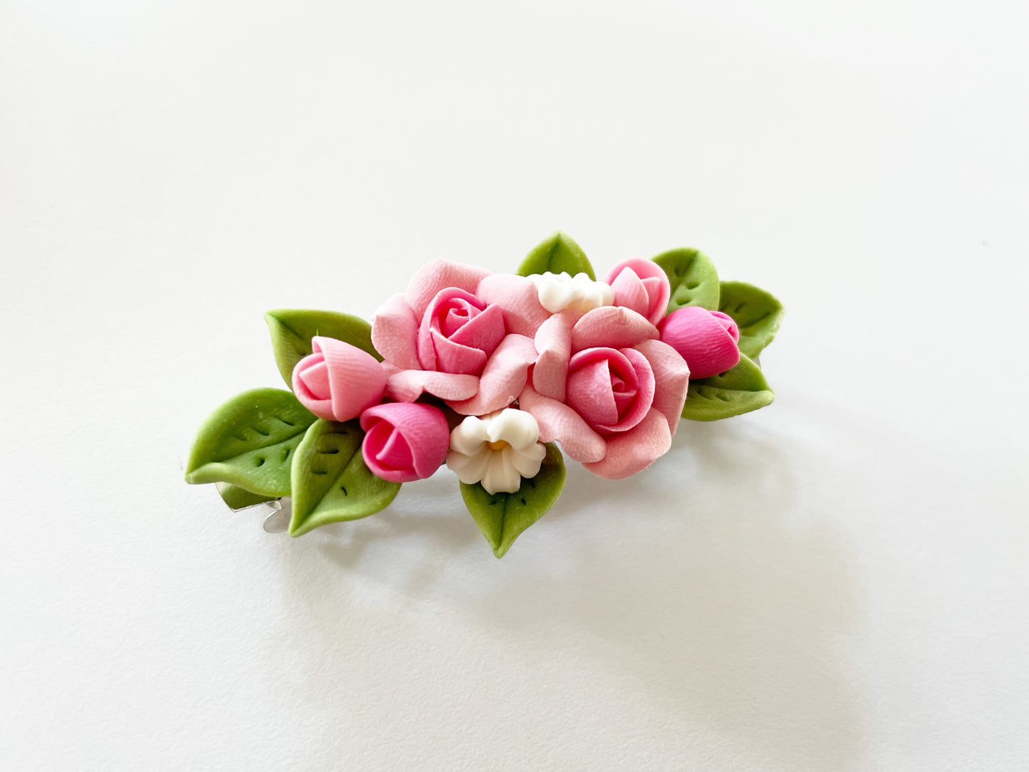 Polymer Clay Hair Barrette - Pink Rose & Plumeria 手工陶瓷軟土髮夾