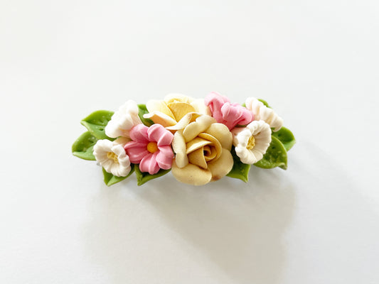 Polymer Clay Hair Barrette - Daffodil Yellow Rose & Fillers 手工陶瓷軟土髮夾