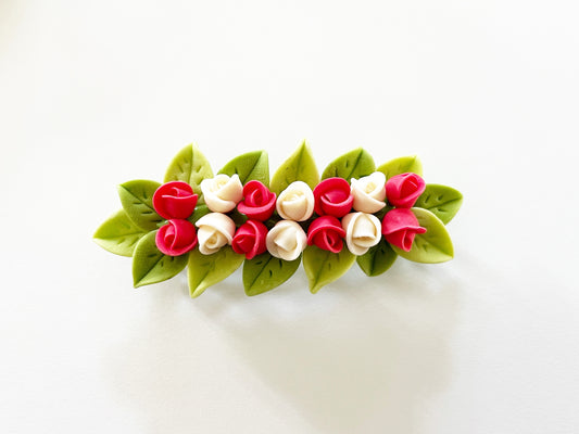 Polymer Clay Hair Barrette - Baby Fuchsia & White Rose 手工陶瓷軟土髮夾