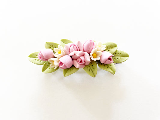 Polymer Clay Hair Barrette - Baby Pink Rose & Plumeria 手工陶瓷軟土髮夾