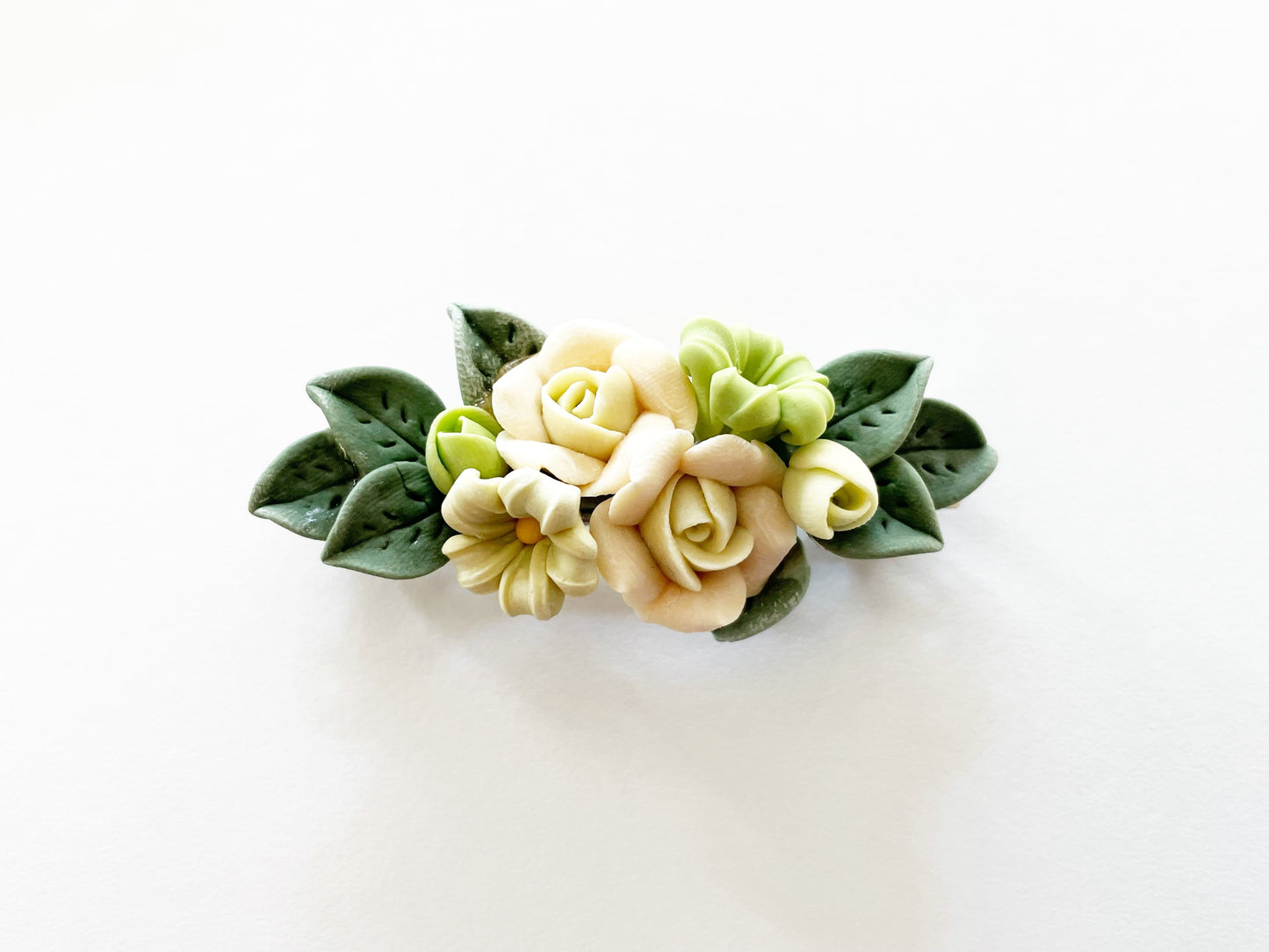 Polymer Clay Hair Barrette - White Rose & Fillers 手工陶瓷軟土髮夾