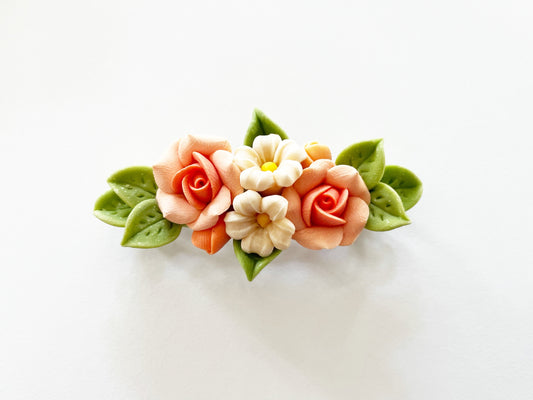 Polymer Clay Hair Barrette - Orange Rose & Plumeria (Yellow Green Leave) 手工陶瓷軟土髮夾