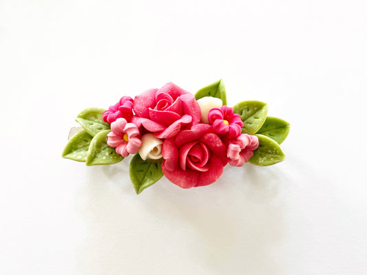 Polymer Clay Hair Barrette - Fuchsia Rose & Fillers 手工陶瓷軟土髮夾