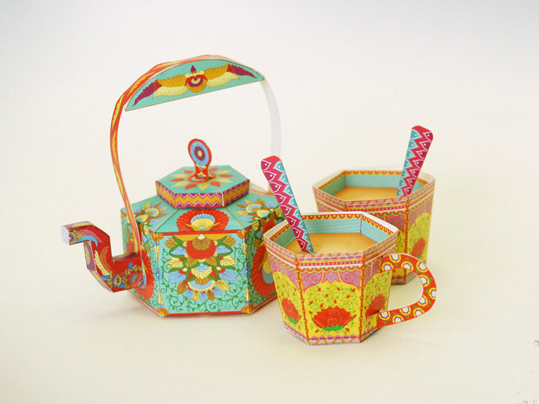 DIY Masala Chai Kettle and Cups: Set of 3 Boxes DIY 紙製印度拉茶茶壺及茶杯（一套三件）